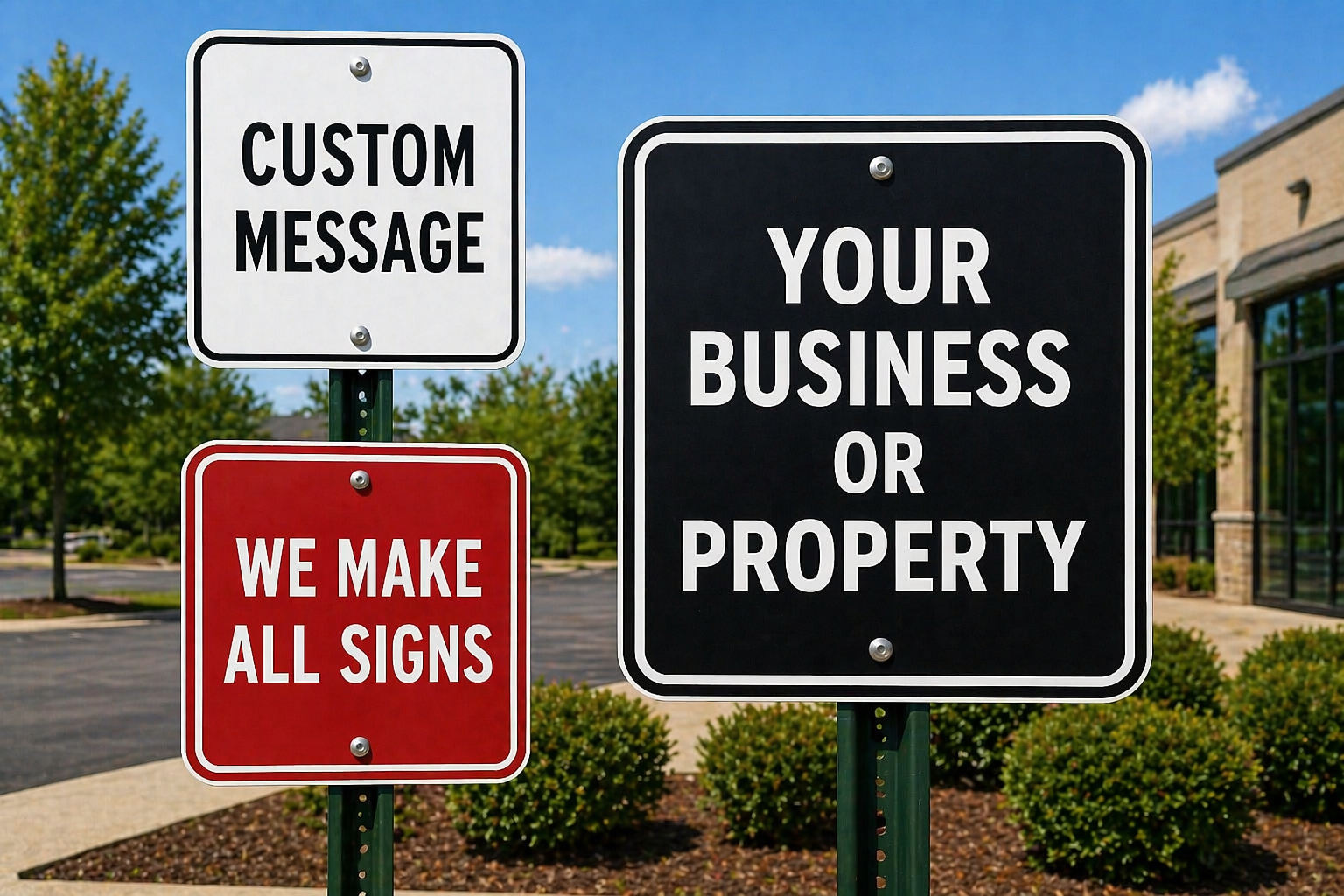 Custom property signs — No Trespassing, Private Property, No Smoking — made in Houston TX