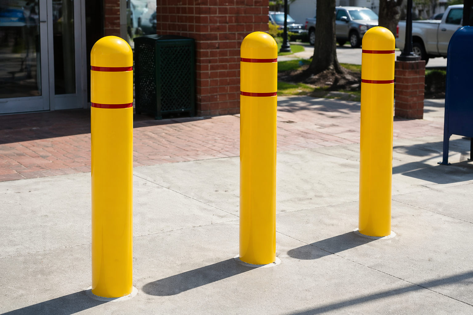 Plastic bollard covers in Houston TX — multiple colors, shapes, and sizes with optional reflective collars